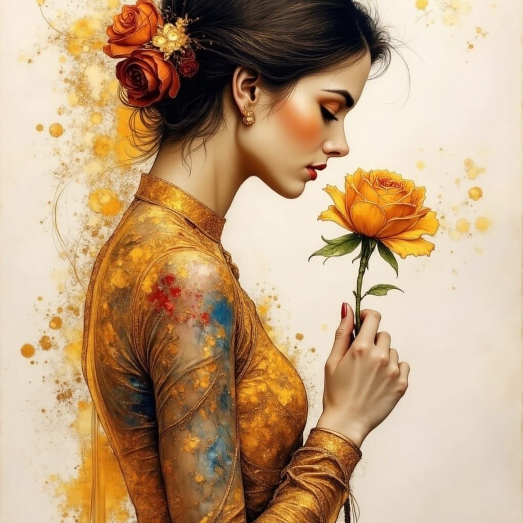 Intricate Pen & Ink Masterpiece: Belle Holds a Rose