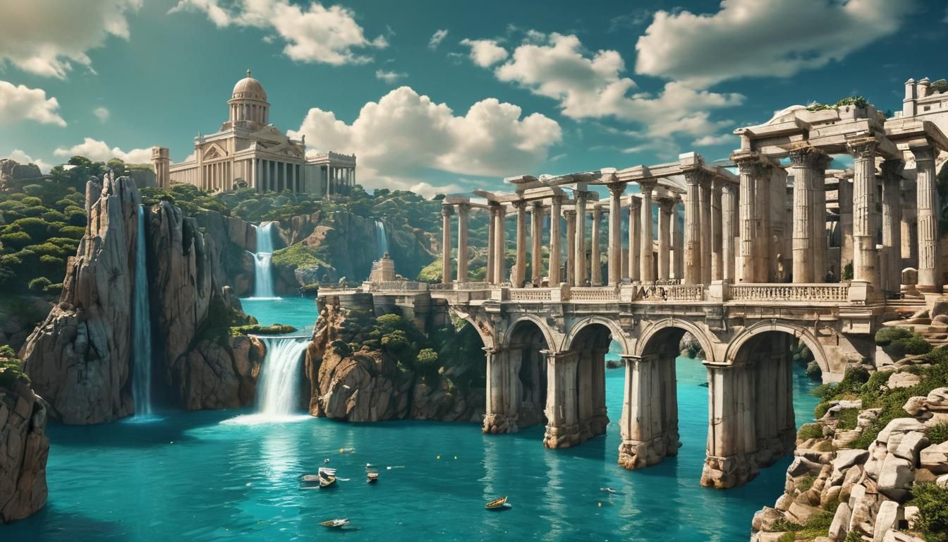 Fantastical Atlantis Cityscape in Golden Hues and Majestic A...