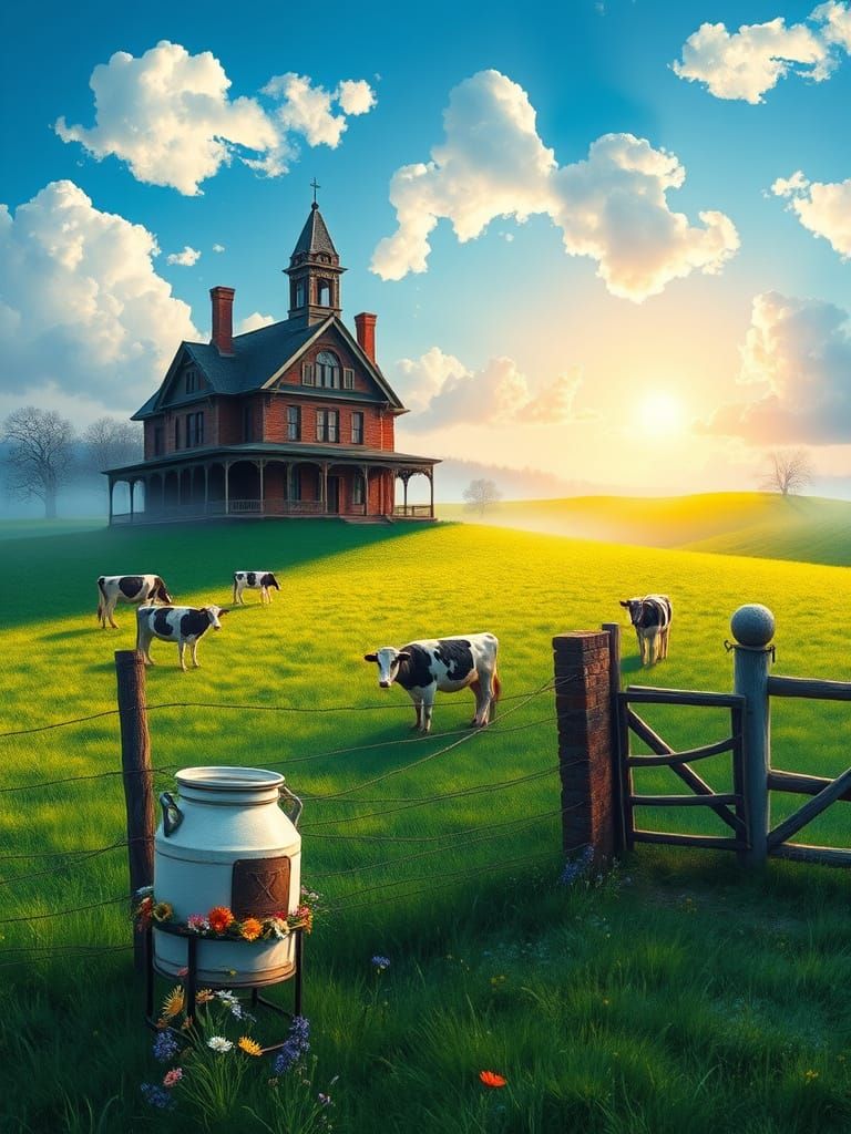 Victorian Farmhouse Amidst Serene Dairy Landscape