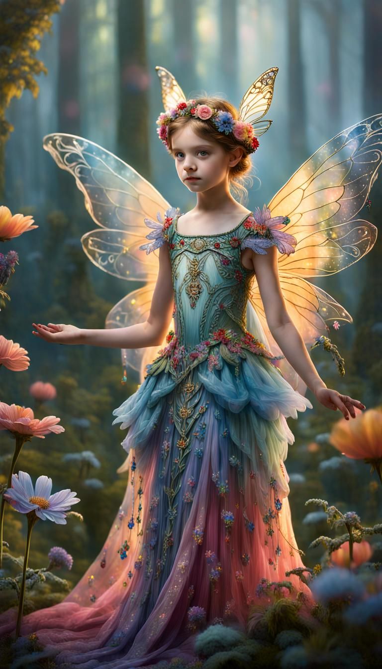 Ethereal fairy child, intricate wings, detailed colorful dre...