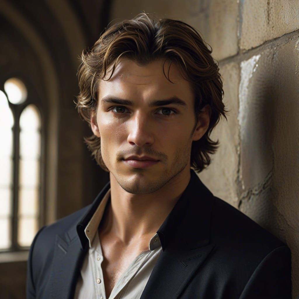 Vampire Kiss in Moonlit Castle Corridor