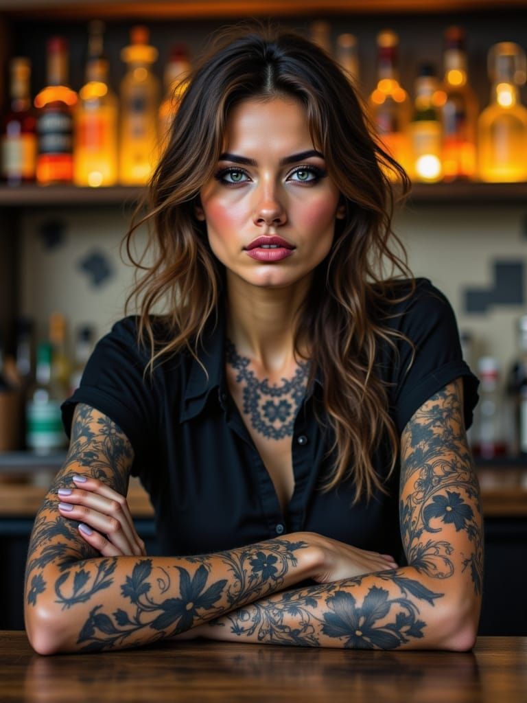 A Wiry Bartender with Full Arm Tattoos in a Smoky Bar