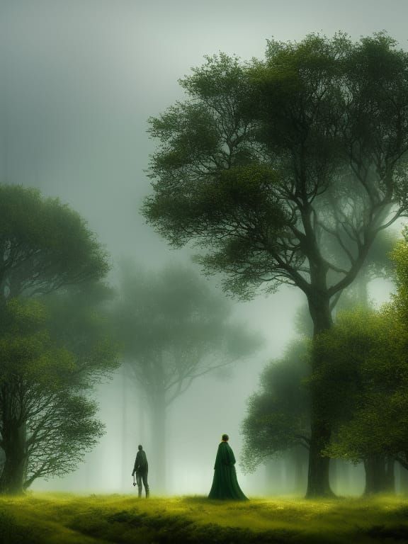 Misty Forest Night Scene with Silhouettes