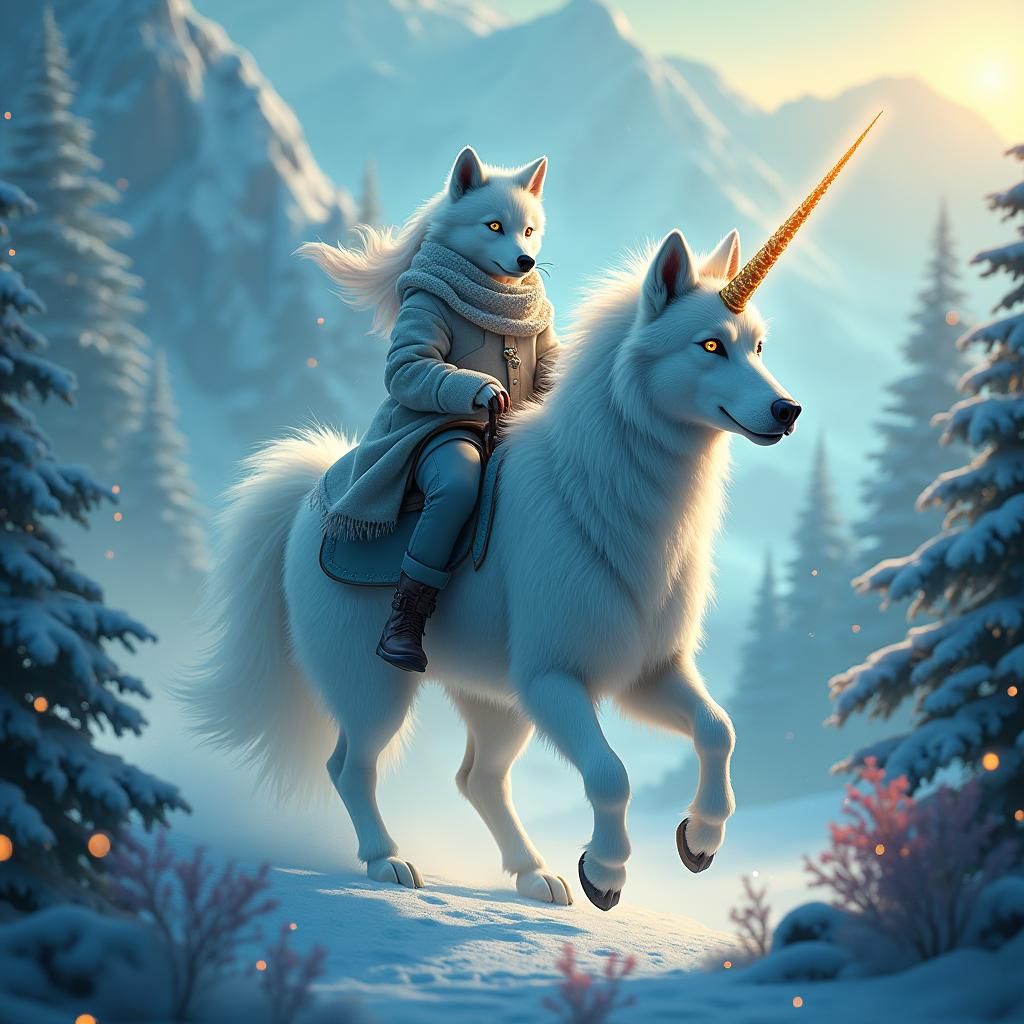 Siberian Husky Rides Unicorn in Fantasy Landscape