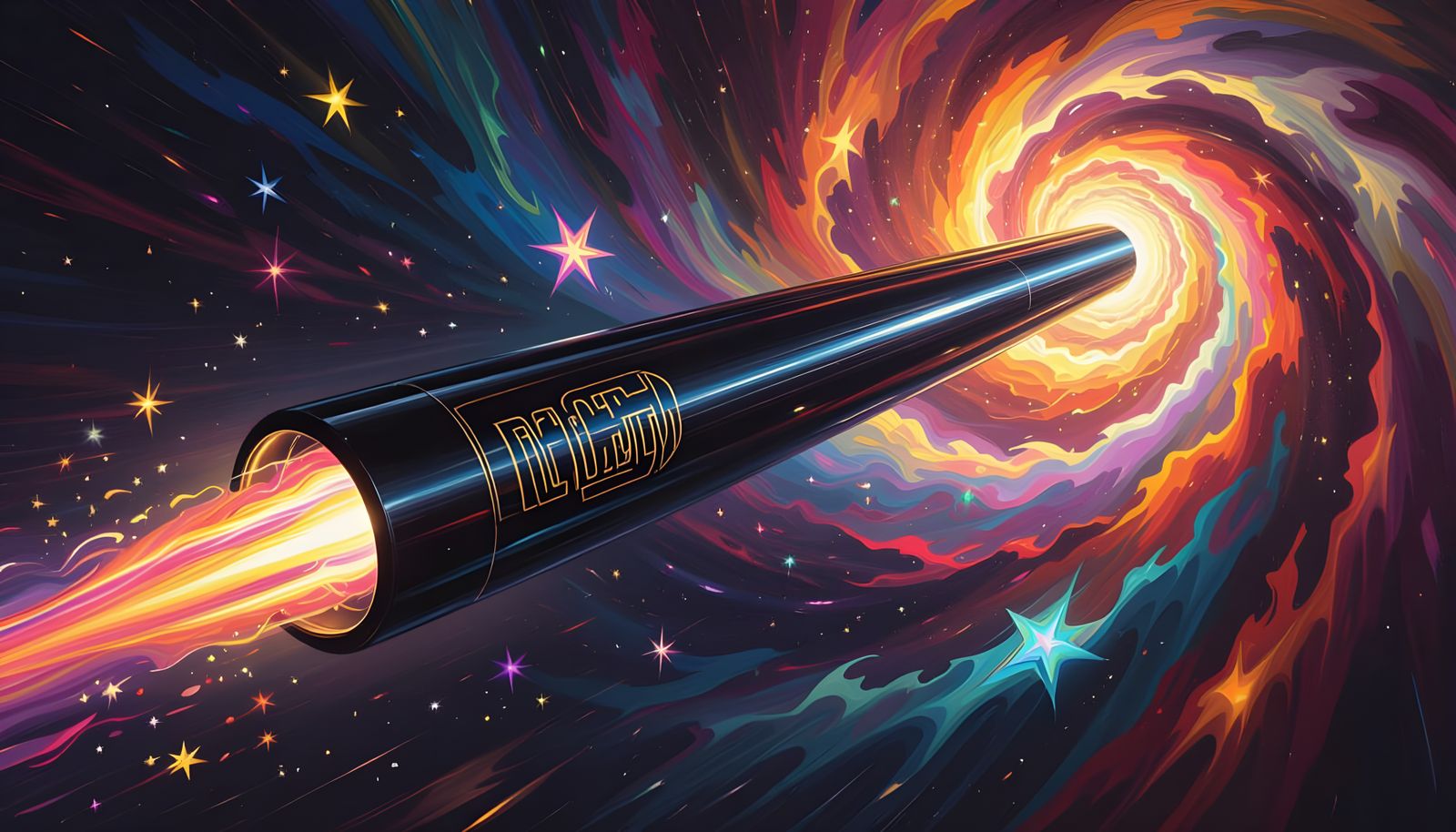 Sleek Black Cylinder Races Through Kandinsky Stars