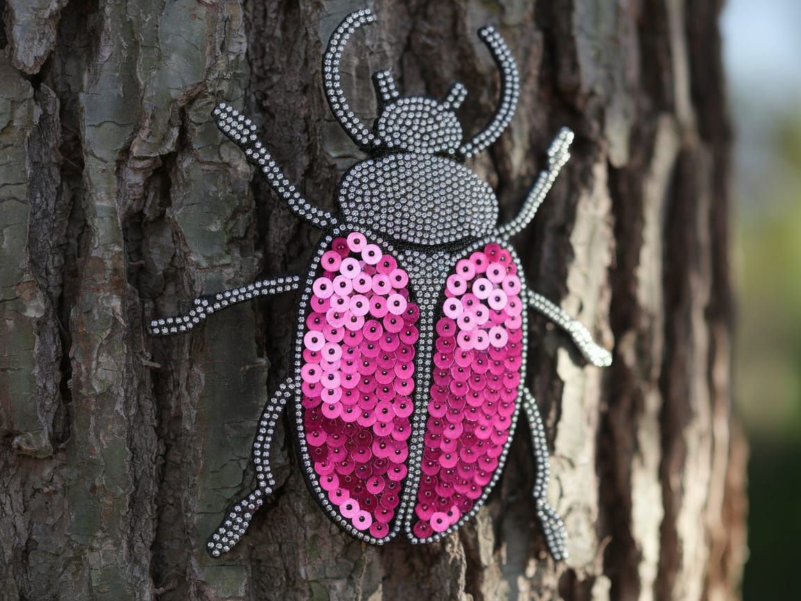 Surreal Close-Up of Decorative Beetle Art on Tree Bark