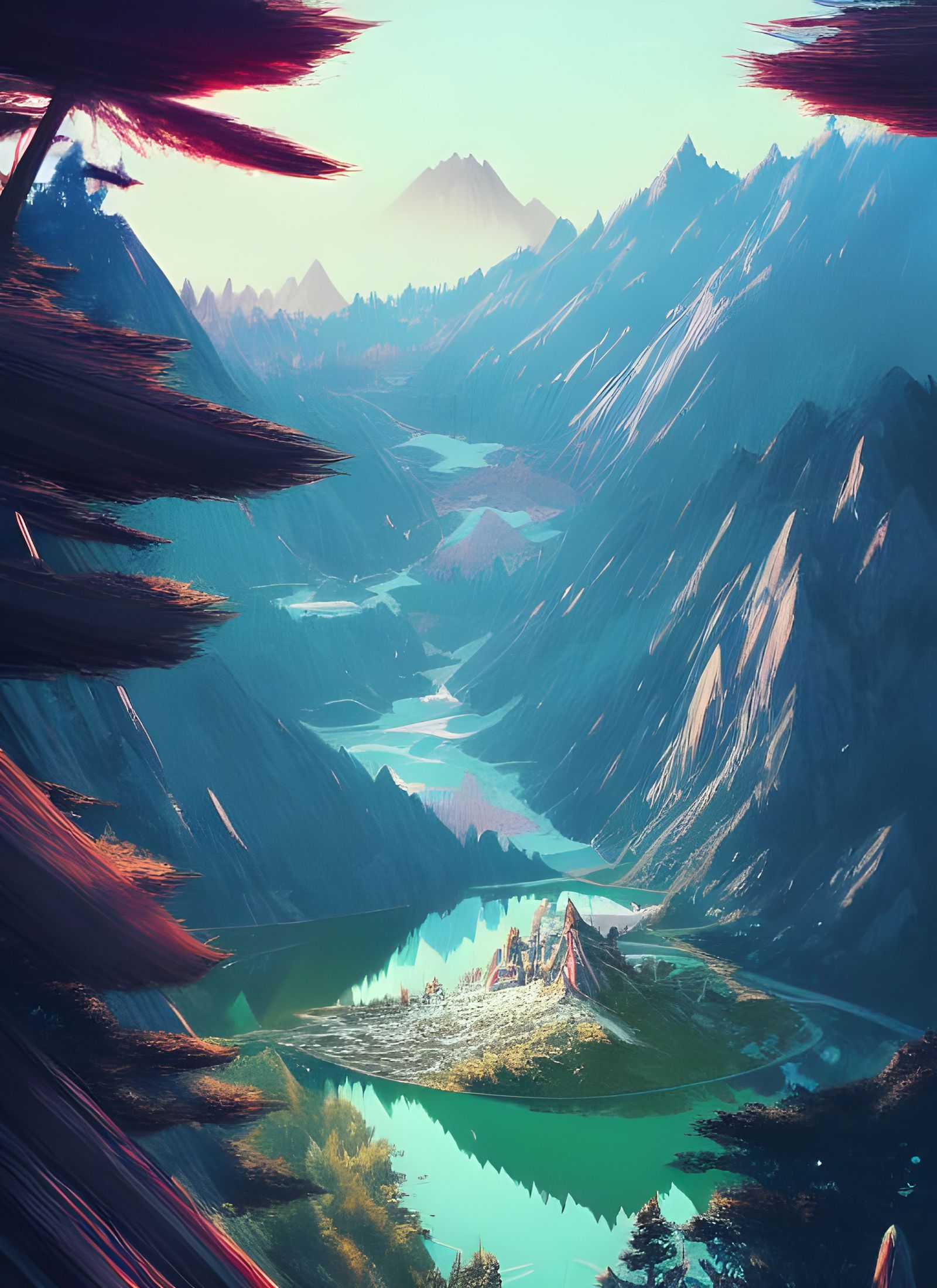 Mountain Lake Digital Illustration in Vibrant Colors