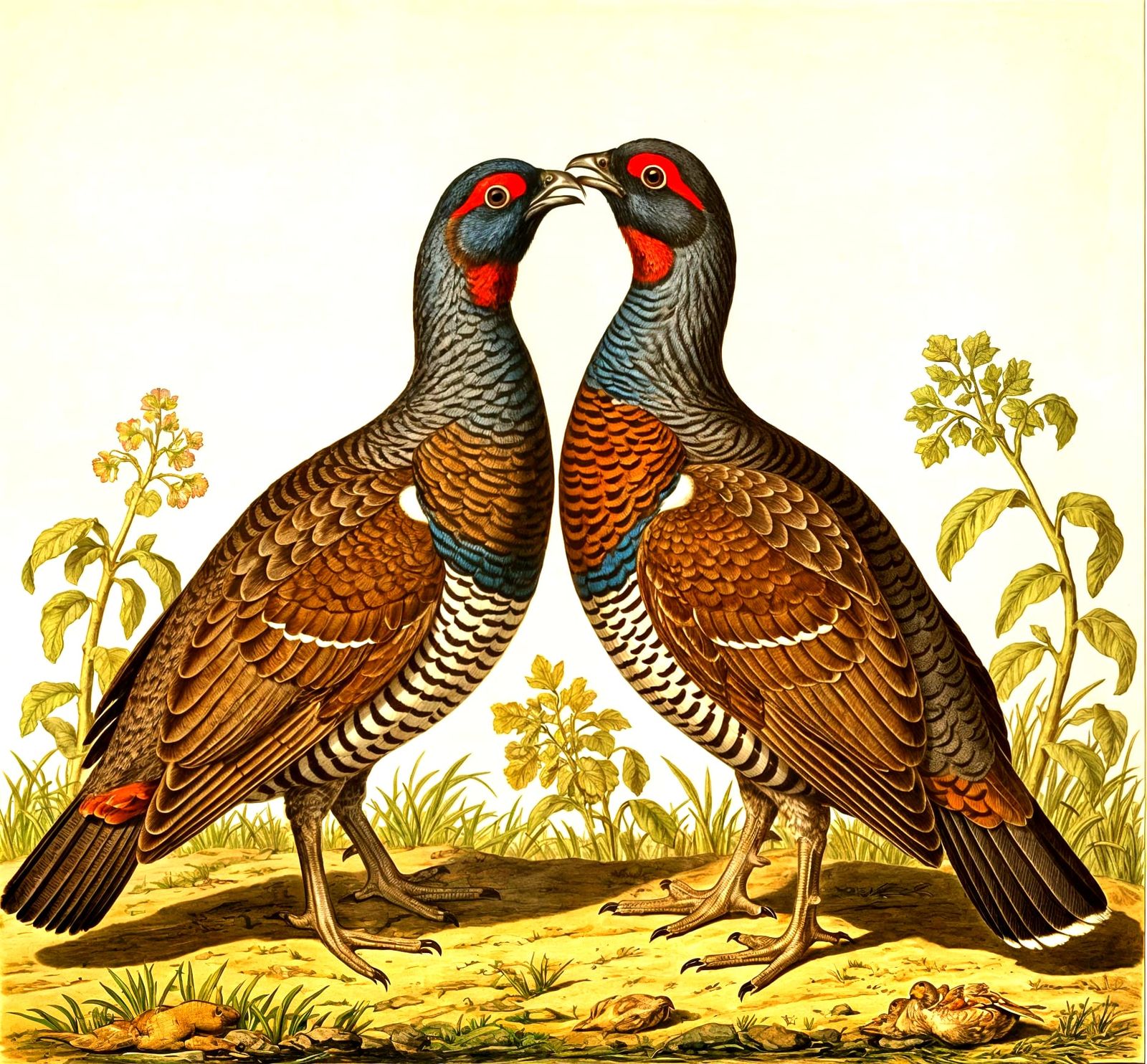 Lifelike Grouse Mating Ritual in Natural Habitat Woodcut