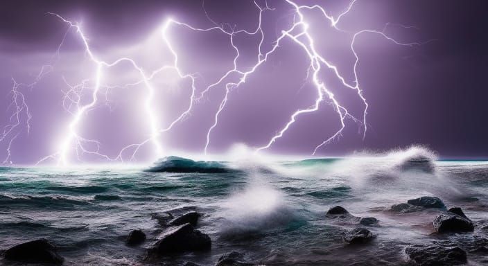 Ocean Lightning Storm with Lighthouse in Hyperrealism