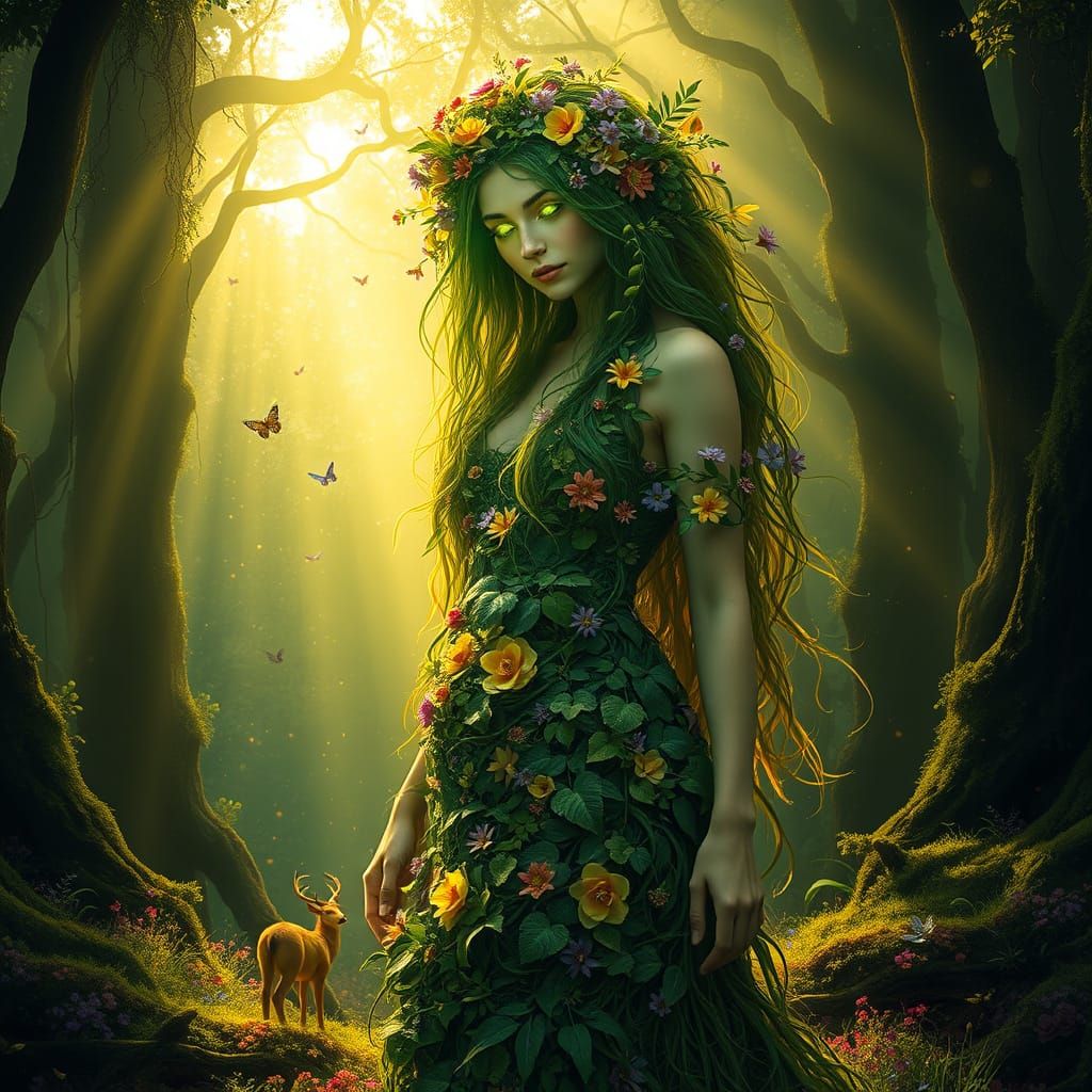 Enchanted Nature Goddess in a Mystical Forest