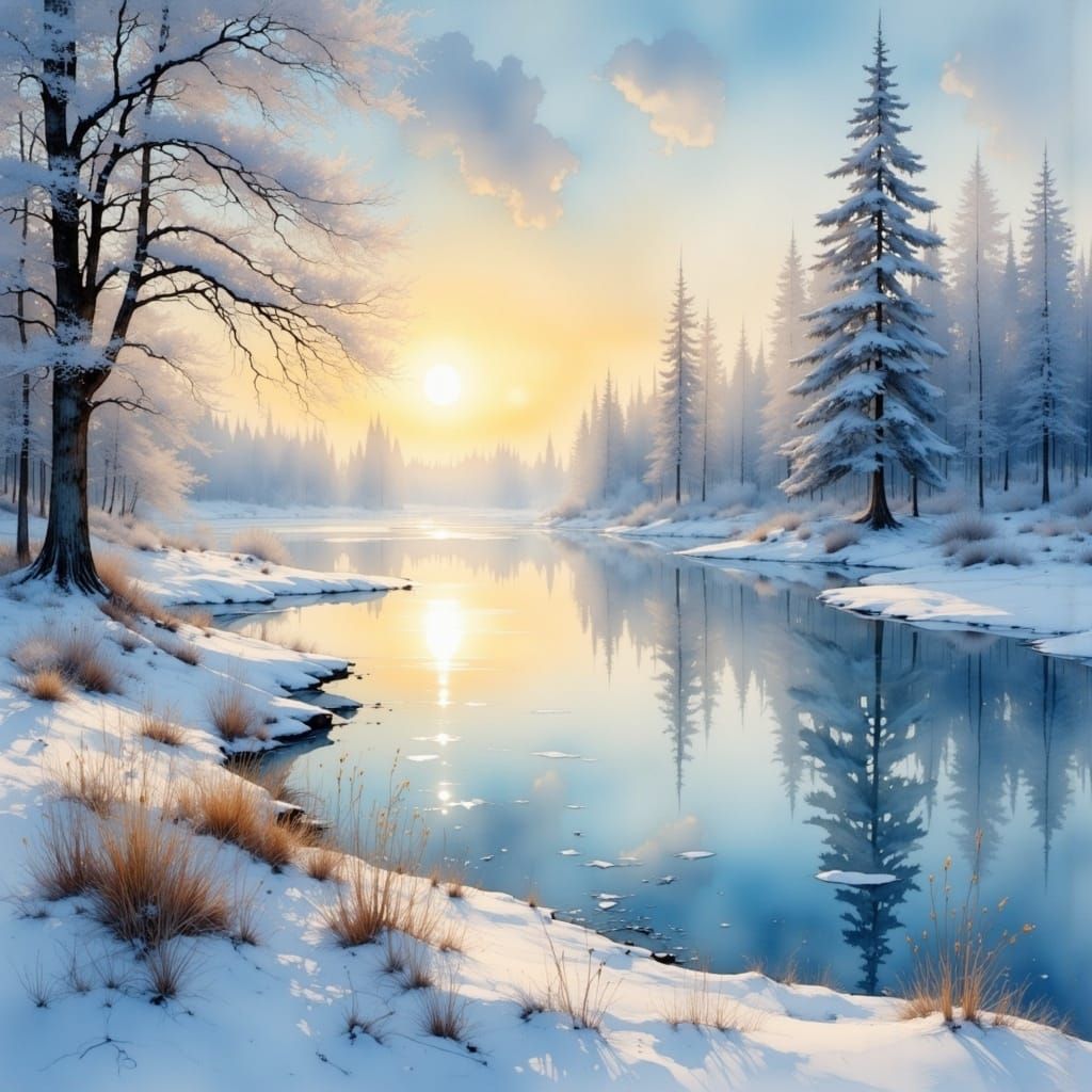 Snowy Dawn Lake with Yellow Sun in Painterly Style