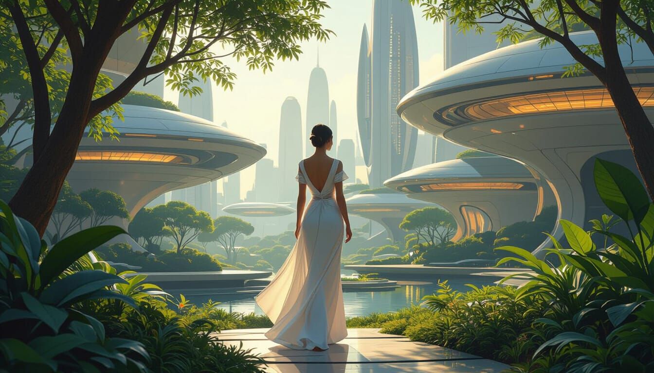 Utopian Frutiger Aero Cityscape with Serene Woman