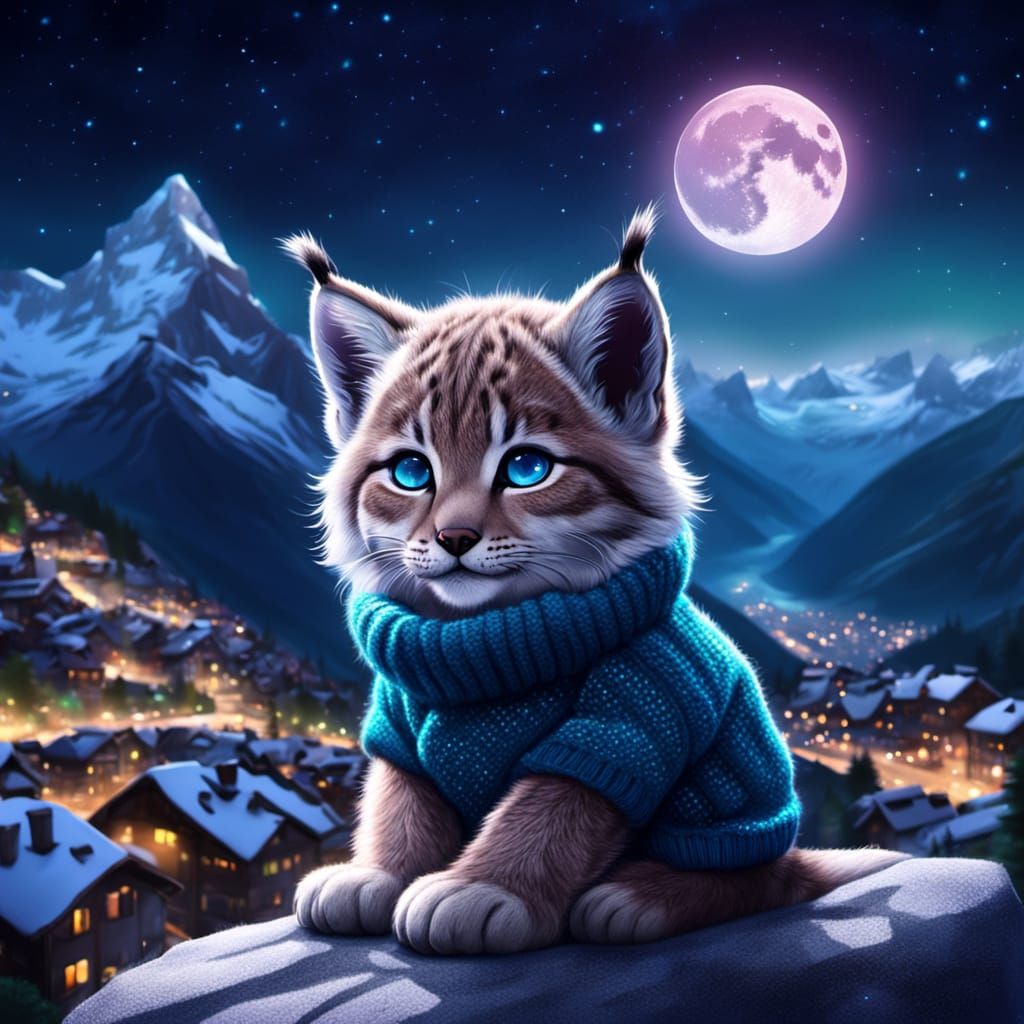 Baby Lynx Gazing at Swiss Cityscape Under Milky Way