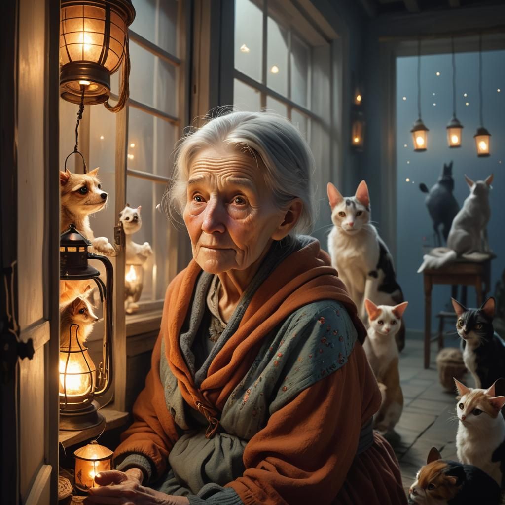 Whimsical Pets Surround Old Woman in Surreal Style