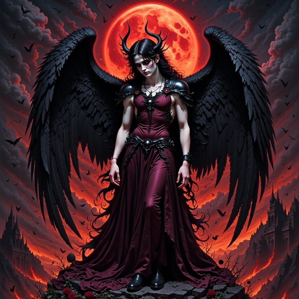 Fallen Angel in Gothic Robe Under Blood Moon
