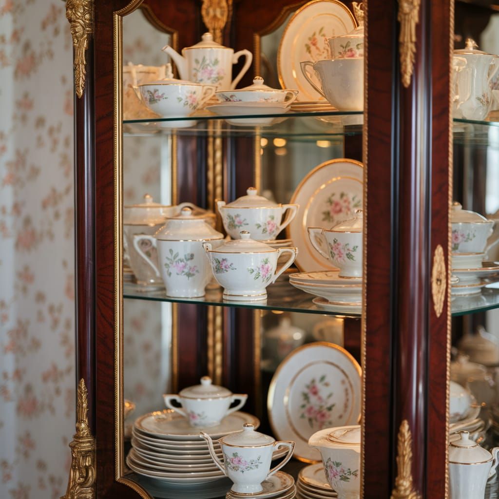 Elegant Ornate China Cabinet with Fine China Tea Sets