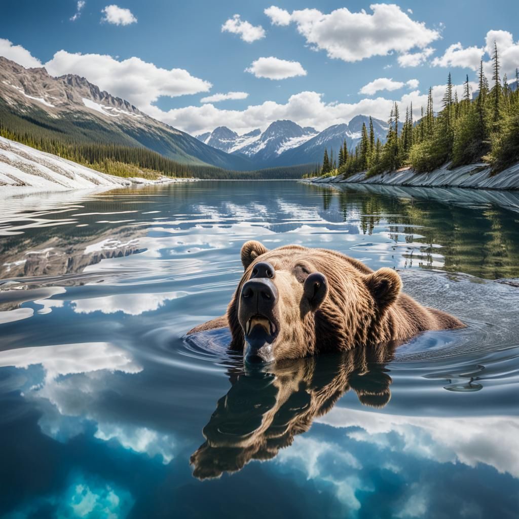 Grizzly Bear Swimming in Mountain Lake: Hyper-Realistic Phot...