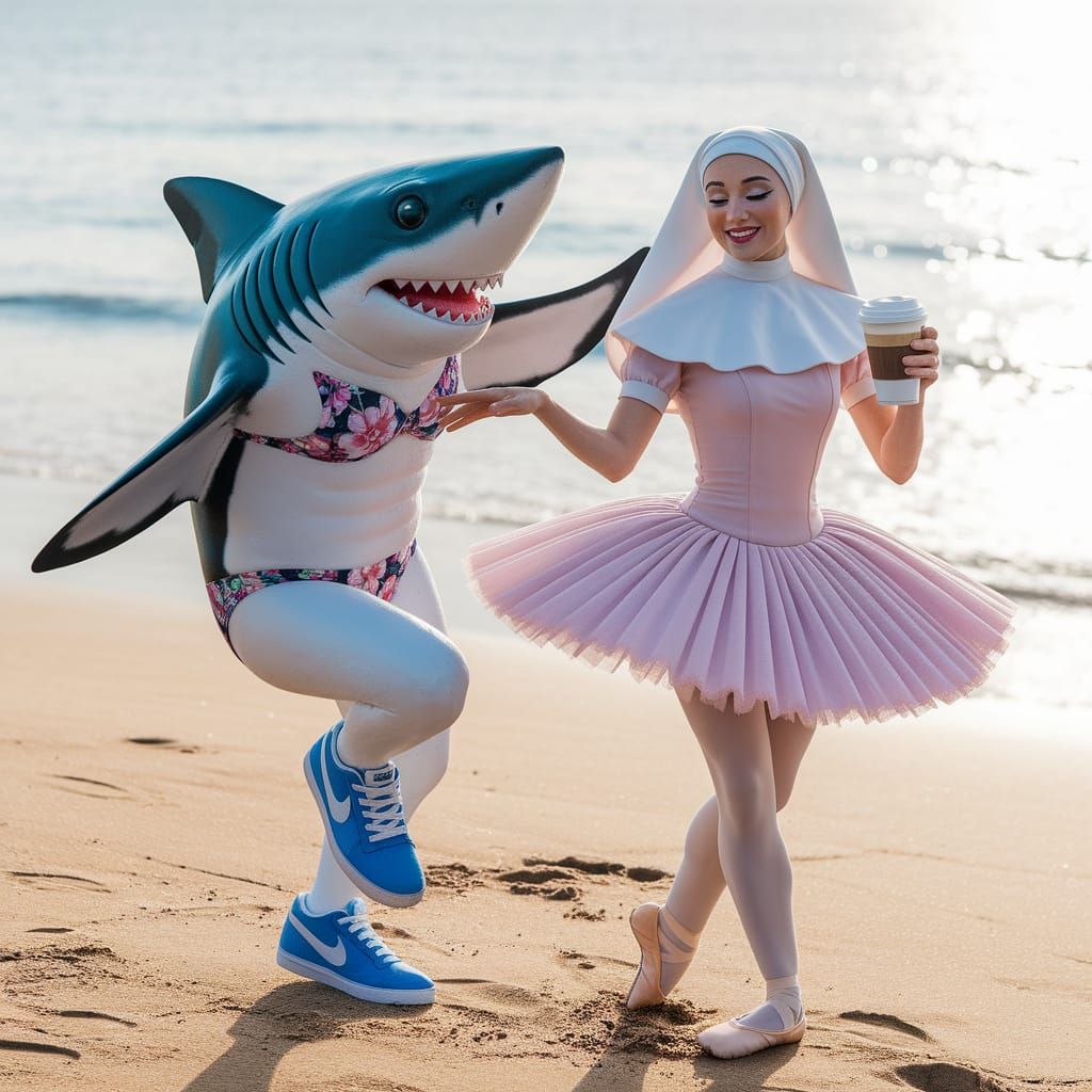 Shark and Ballerina Nun Dance on Beach
