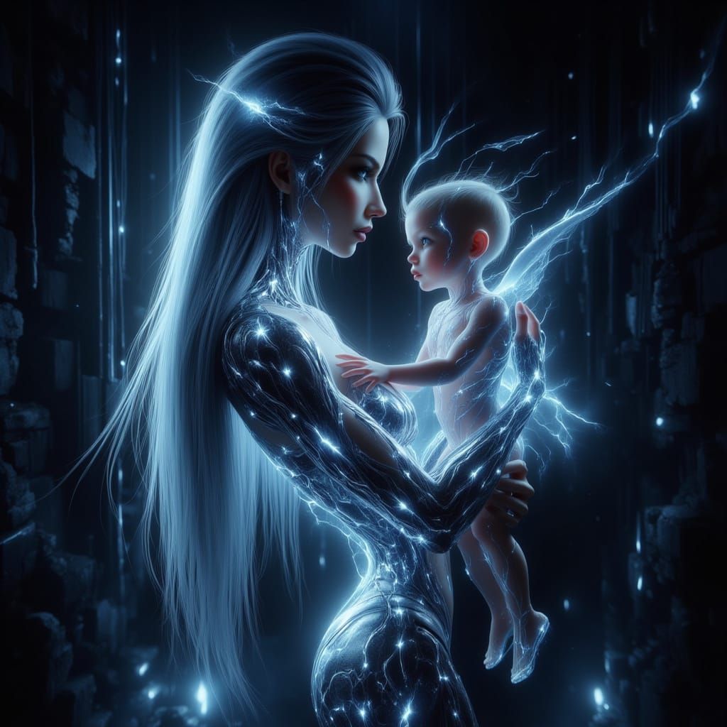 Ethereal Cybernetic Mother and Child in Futuristic Scene