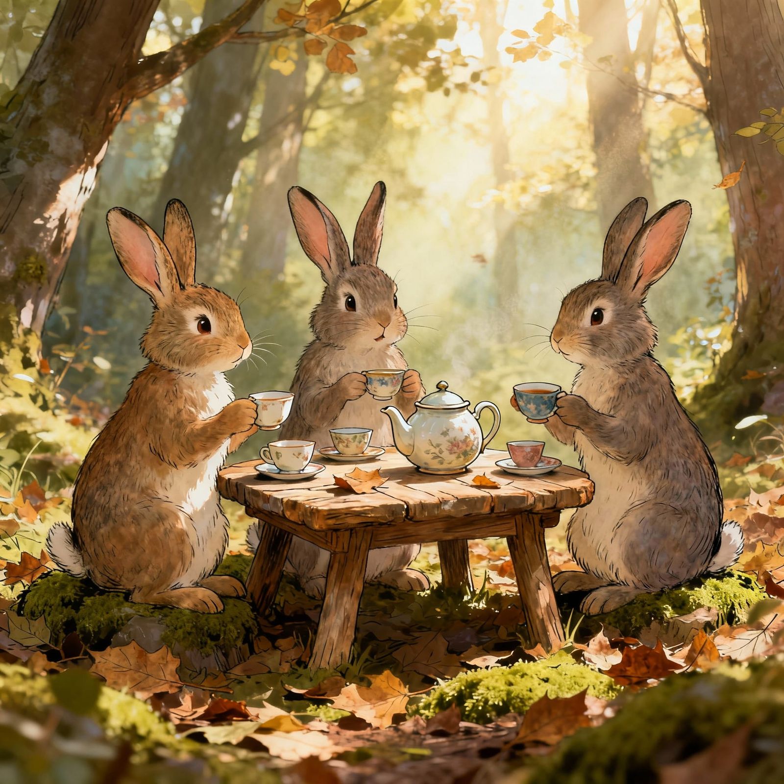 Whimsical Rabbit Tea Party in Enchanting Forest Clearing