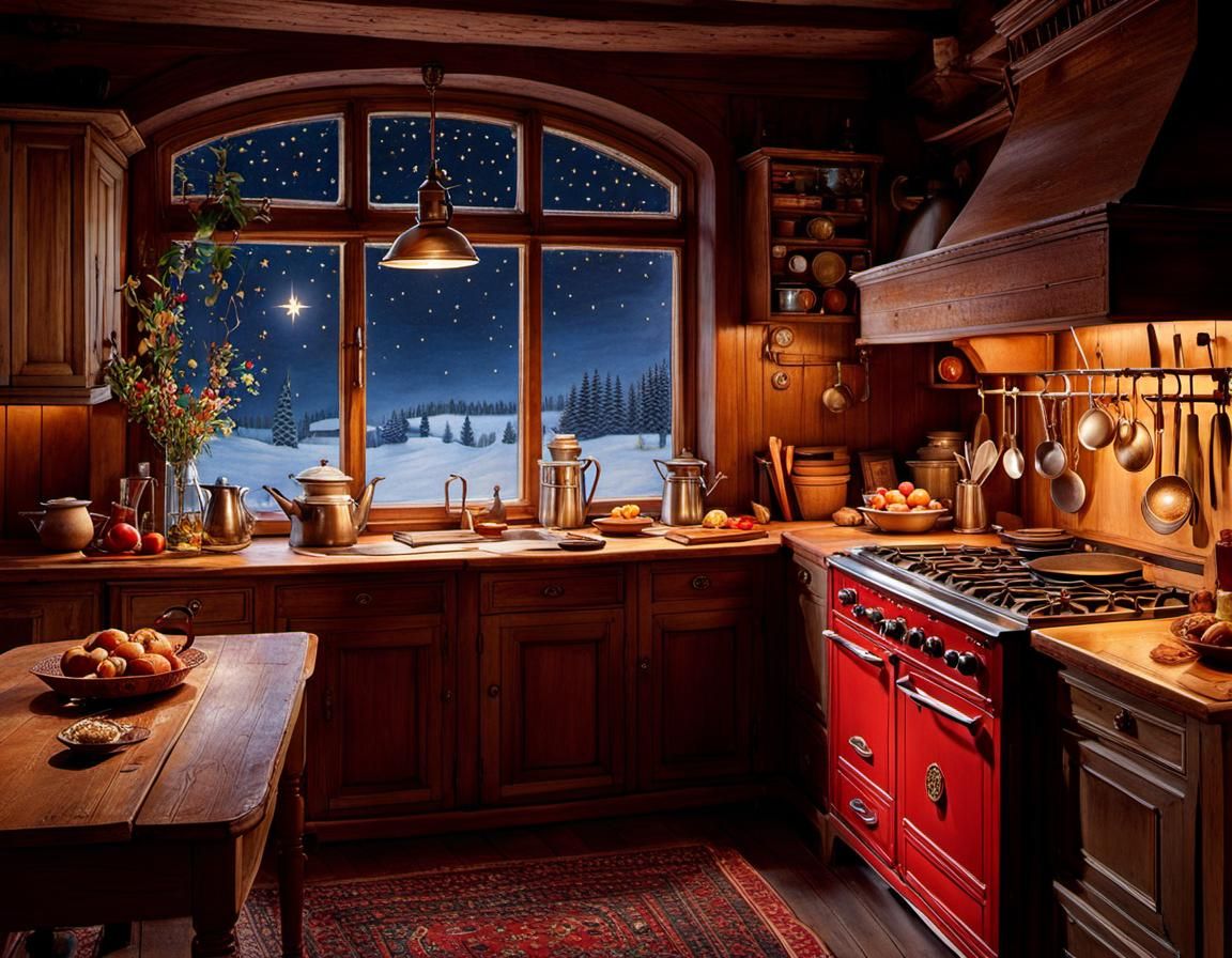 Cozy Kitchen with Starry Night, Detailed Render
