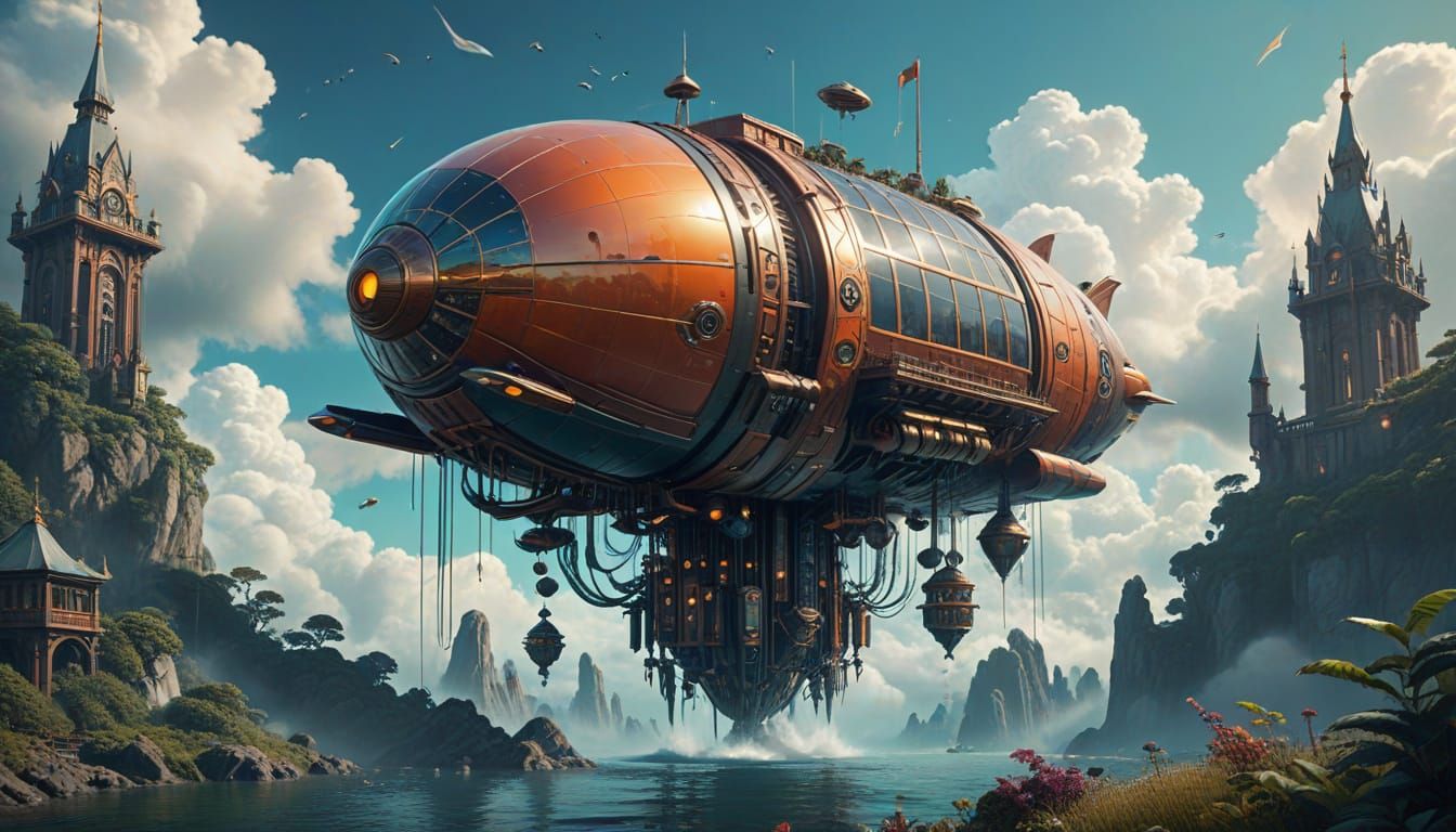 Steampunk Airship Jellyfish Drifts Through Whimsical Skies