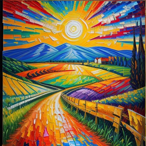 Expressionist Mosaic Landscape in Impasto Acrylic Style