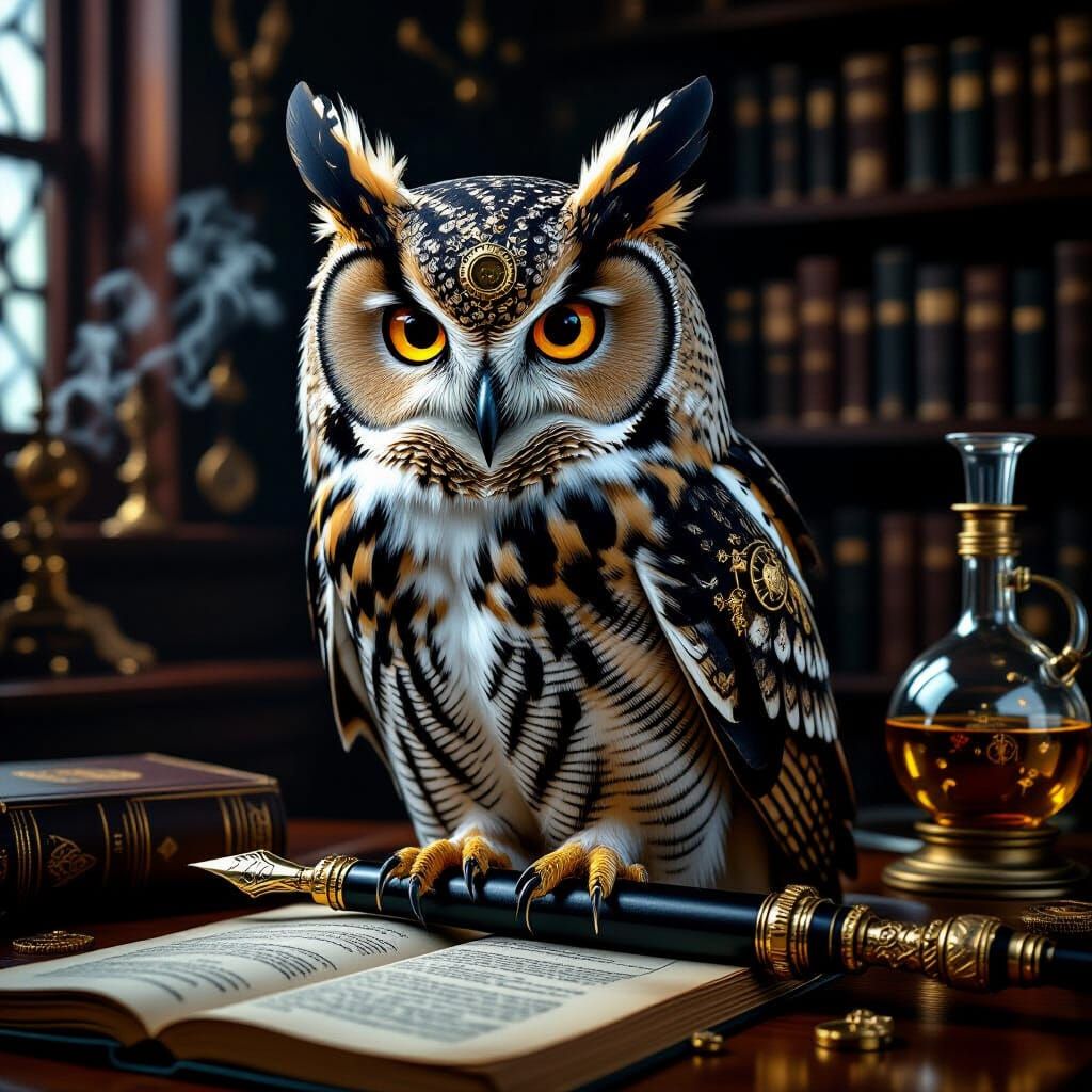 Majestic Steampunk Owl on Quill in Victorian Study