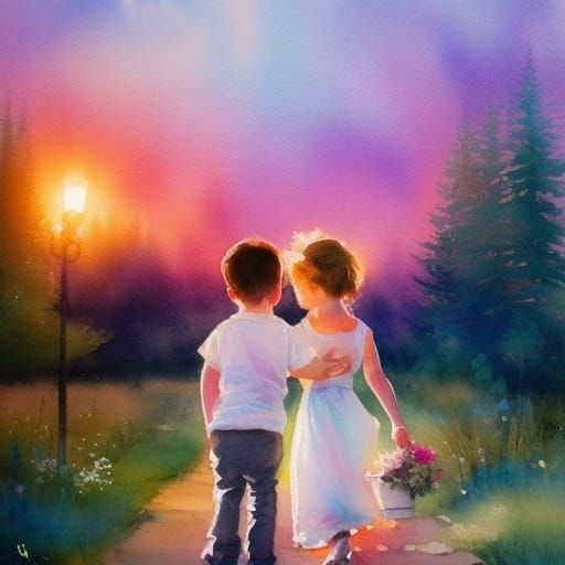 Cute Children in Slavic Village, Watercolor Art