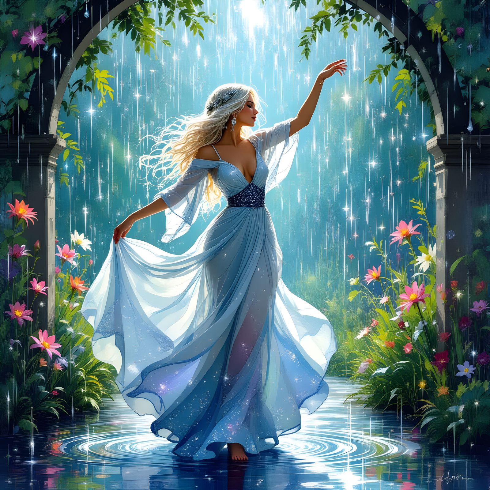 Stardust Woman Dancing in Bioluminescent Garden