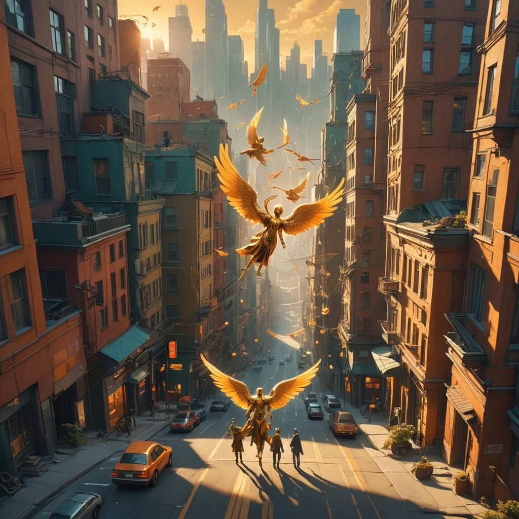 Angels Dancing in Golden City: Fantasy Art