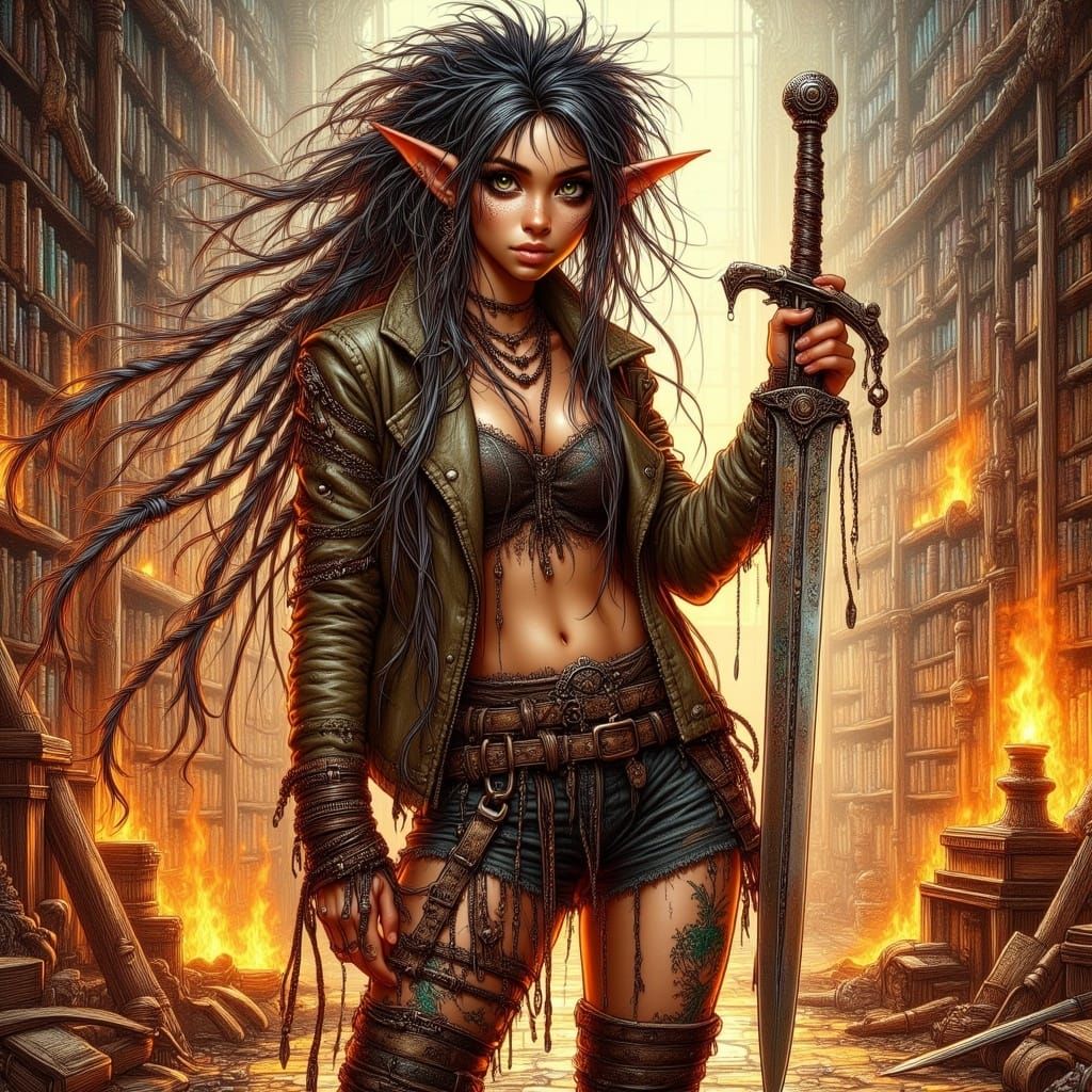 Sensual Warrior Maiden Stands Vigilant by Flickering Flames