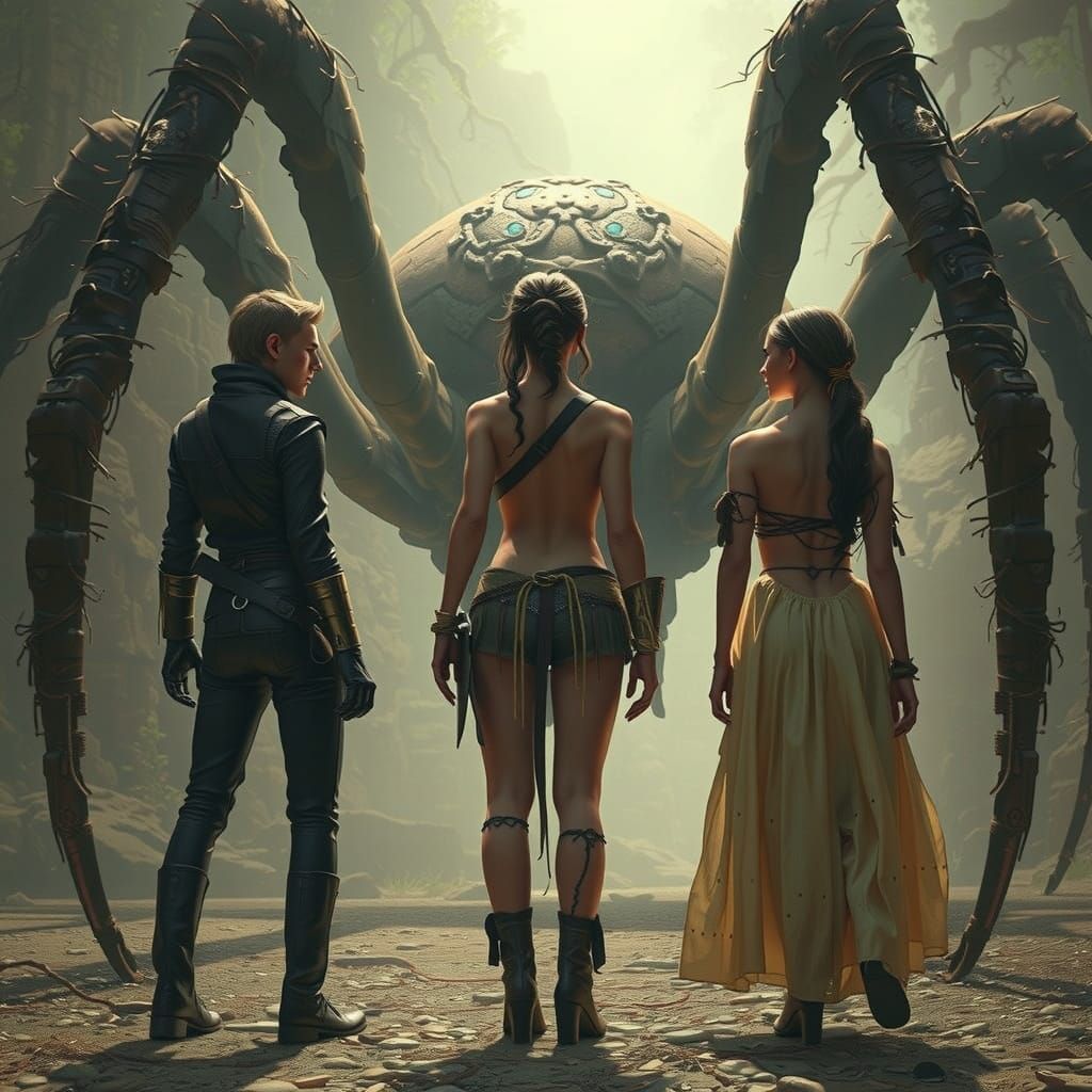 Fantasy Trio Confronts Stone Spider in Ancient Ruins