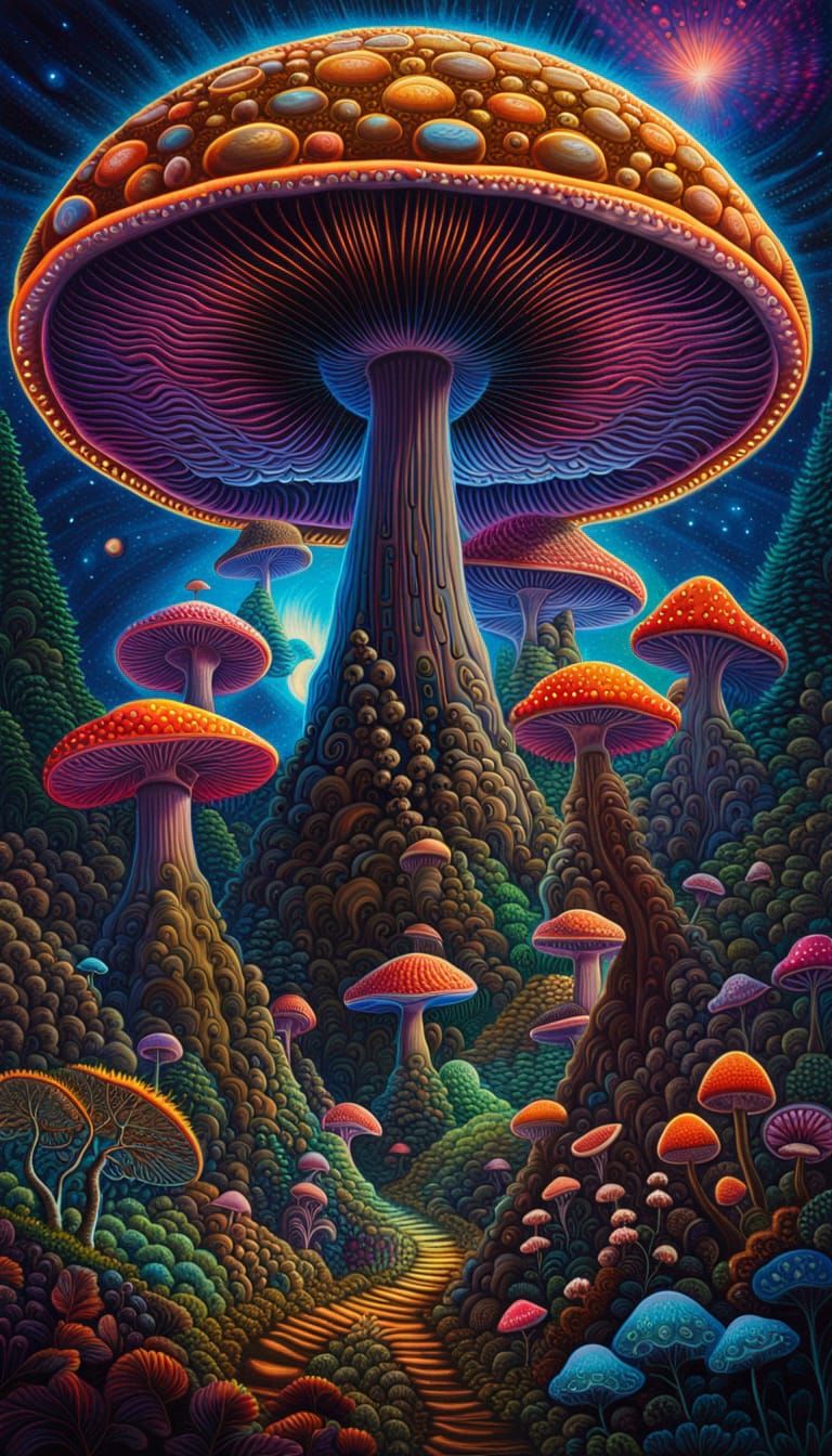 Psychedelic Neon Mushroom Universe, Cosmic Oil Painting
