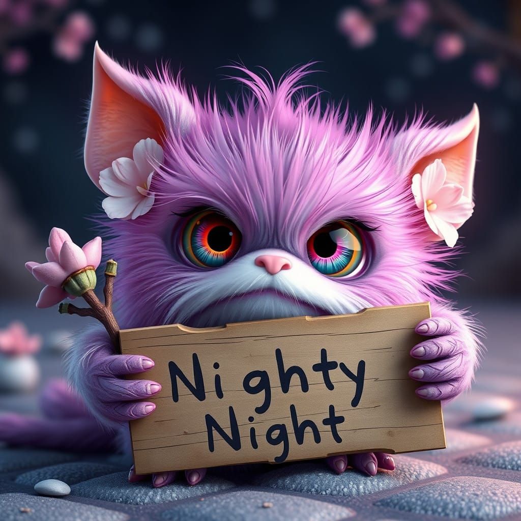 Fantastical Furry Creature in Vibrant Lilac and Cherry Bloss...