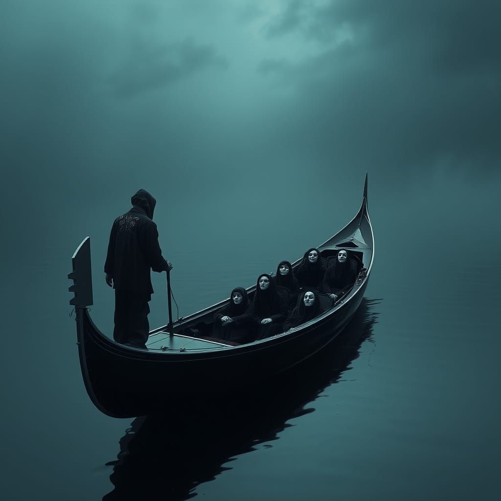 Surreal Gondola on Mirrored Sea in Dark Surrealism Style