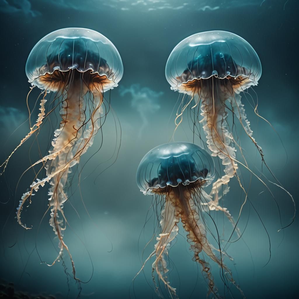 Surreal Bioluminescent Jellyfish in Dark Abyss