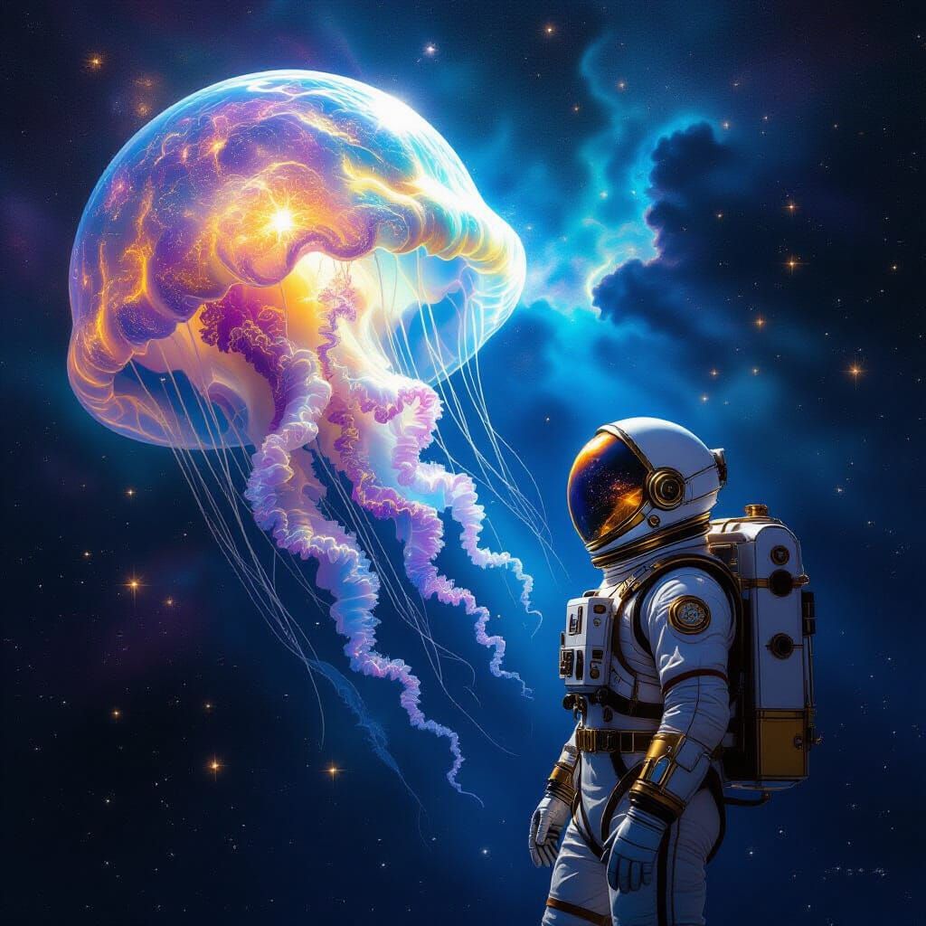 Astronaut Gazes at Jellyfish Nebula in Steampunk Space