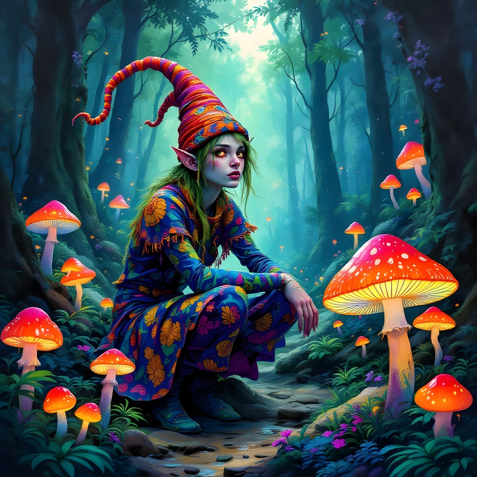 Psychedelic Forest Elf in Mystical Mushroom Grove