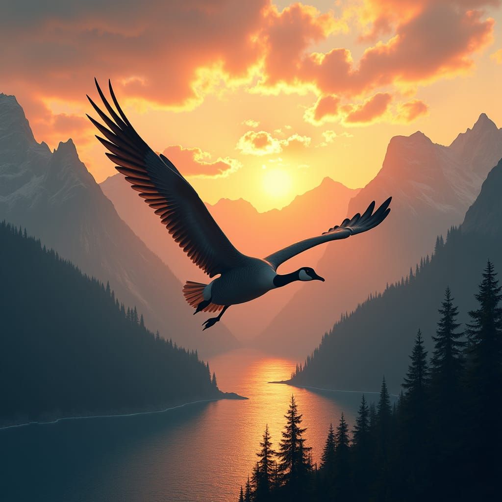 Majestic Goose Soaring Over Ocean at Sunset