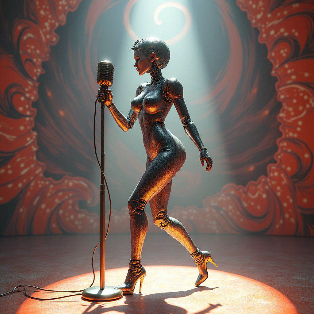 Robotic Siren Sings on Stage in Pop Art Style