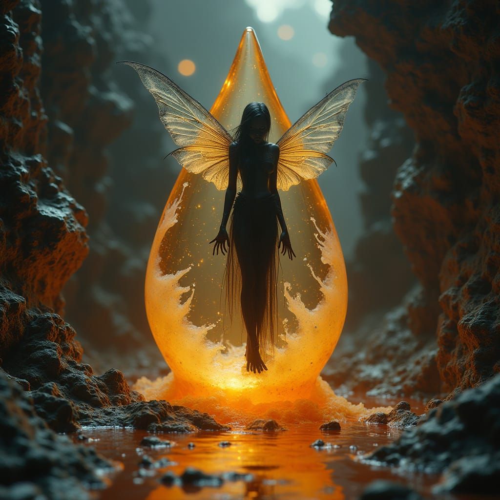 Translucent Gothic Honey Fairy in Surreal Landscape