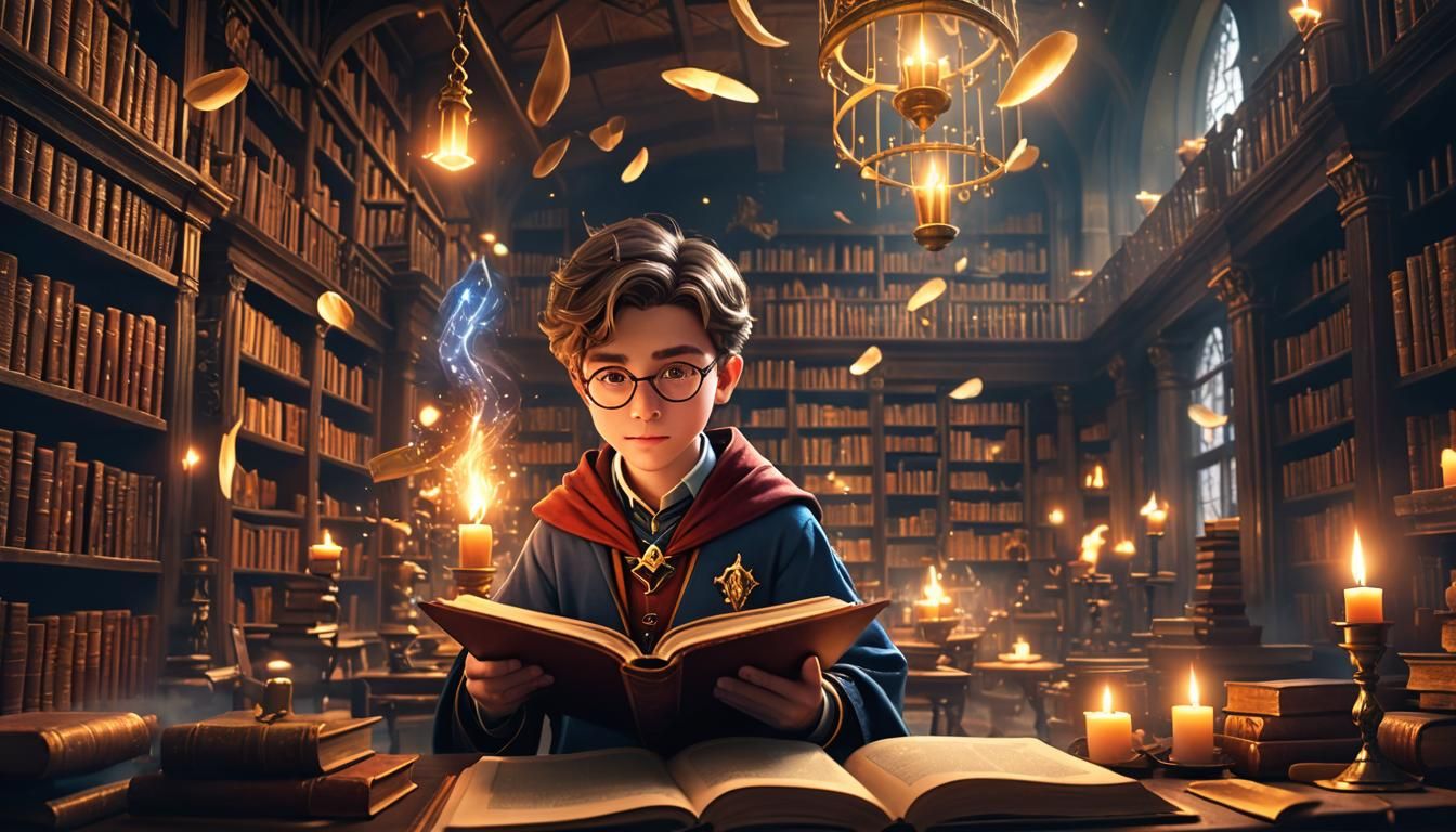 Young Wizard Studying Magic in Fantasy Library