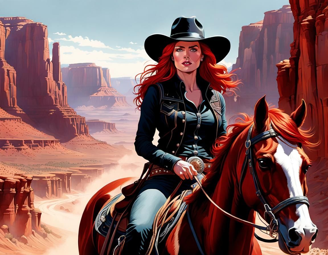 Red-Haired Rider in Rocky Canyon, Comic Book Style