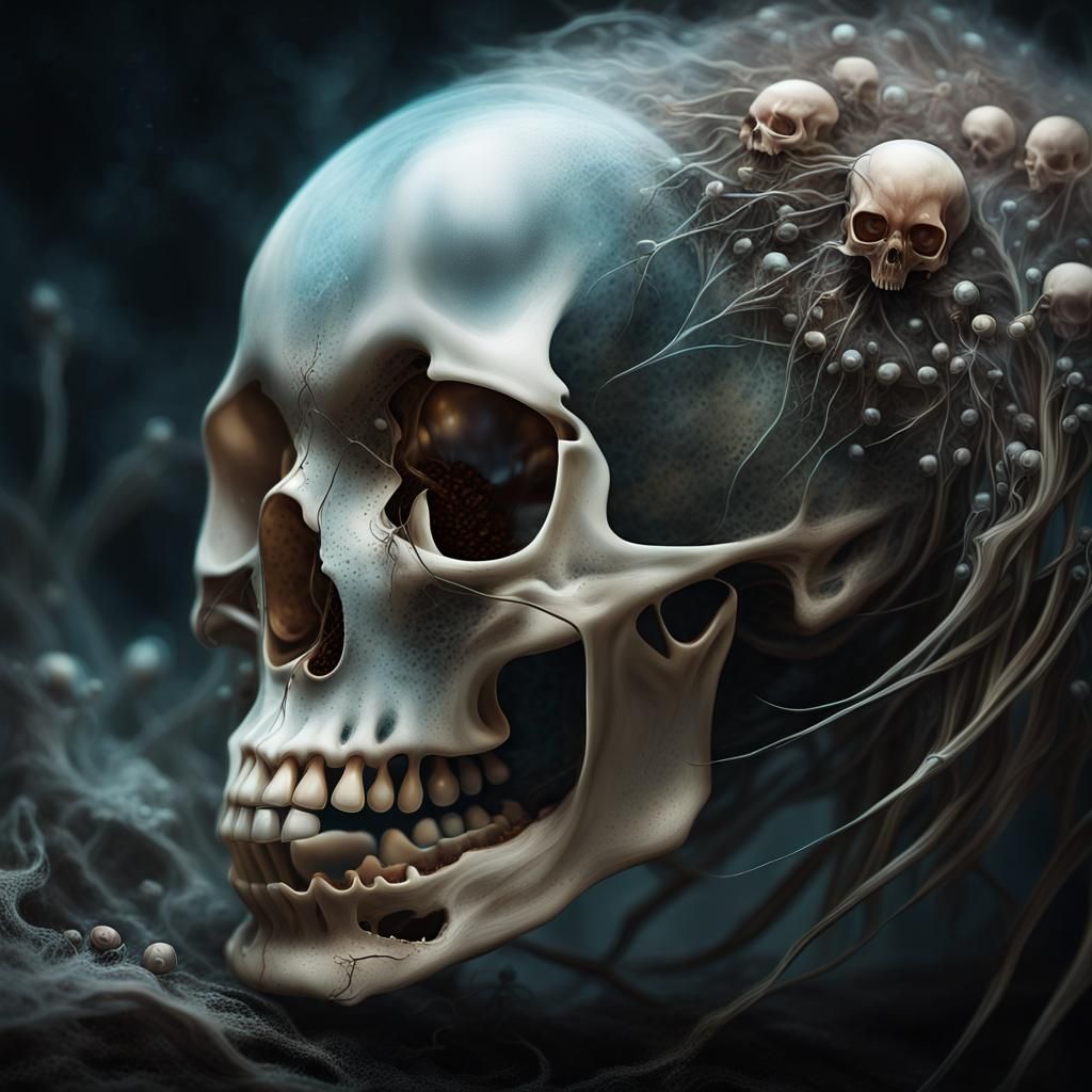 Biomechanical Skull Cocoon Seeds in Surrealist Digital Art