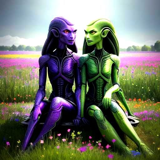 Alien Date in a Flower Field: Hyperrealistic Concept Art