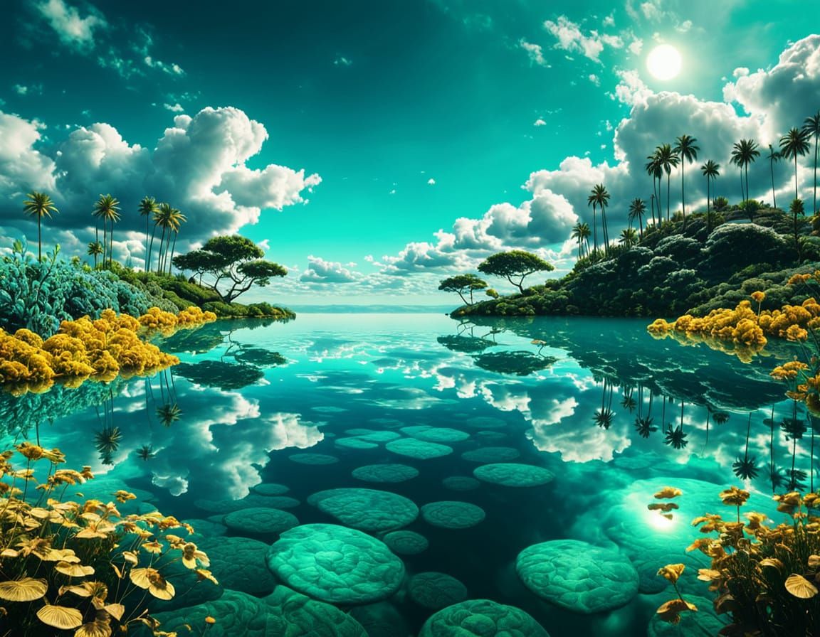 Surreal Dreamscape with Giant Eyes and Teal Water