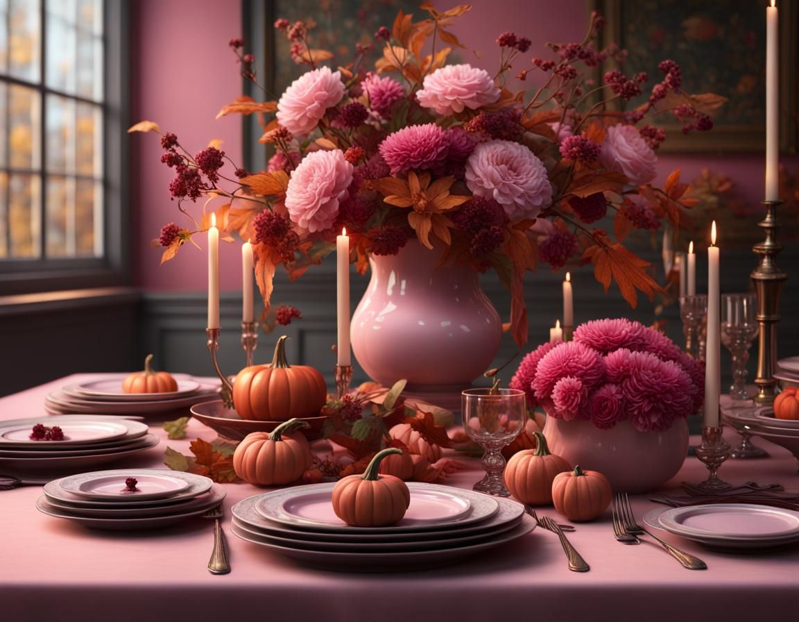 Thanksgiving Table with Pink Flowers, Detailed Matte Paintin...