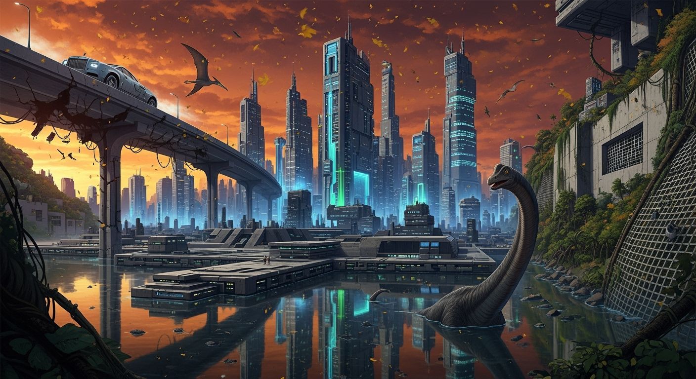 Cyberpunk Metropolis Meets Jurassic Jungle with Diplodocus