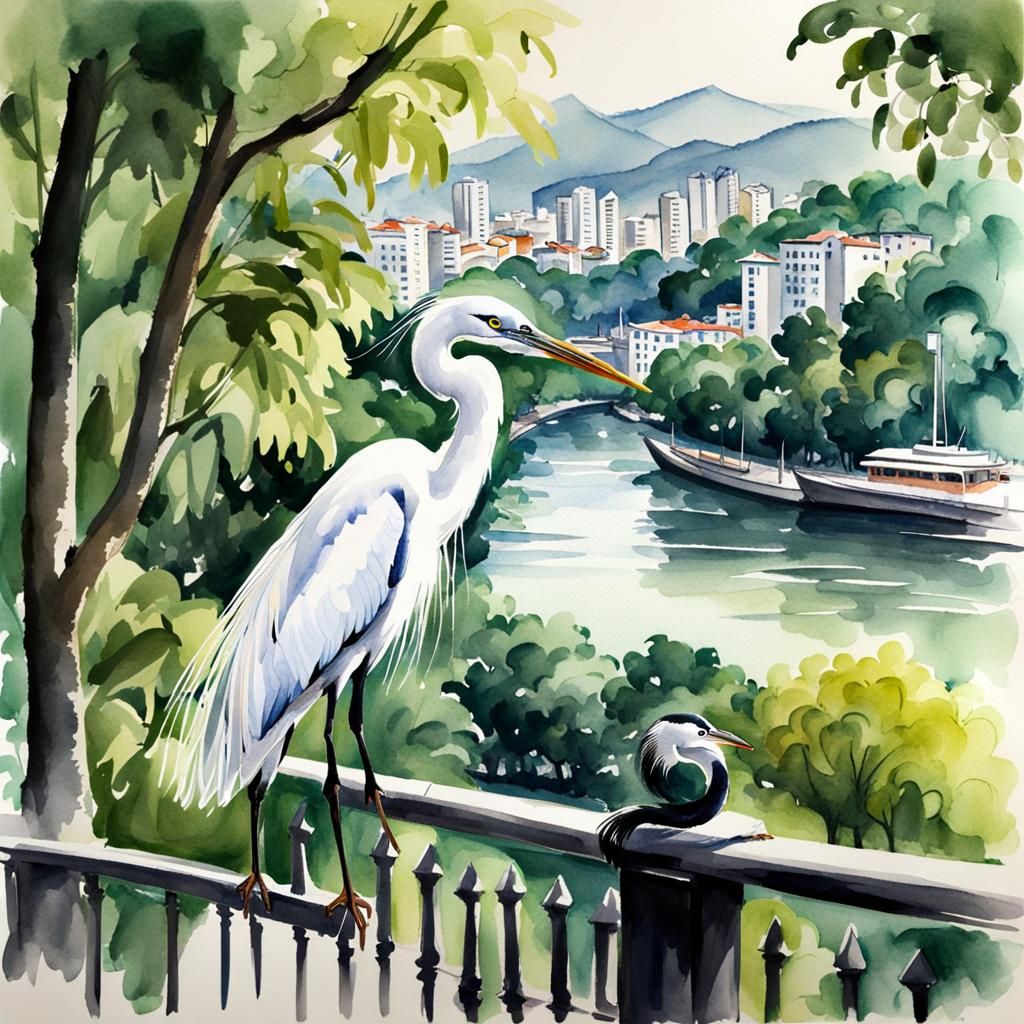 Watercolor Heron Watching Piracicaba River